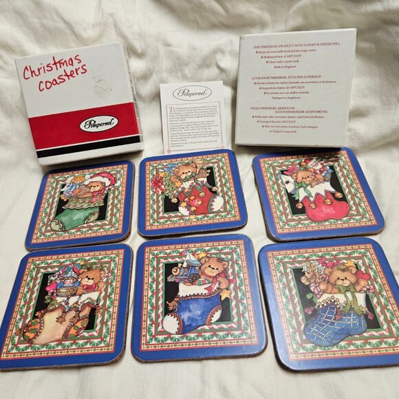 Pimpernel SET OF 6 Vintage Christmas Bears Holiday Coasters Cork Backing England - Picture 1 of 12